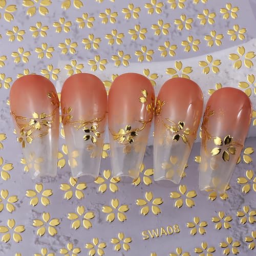 3D Cherry Blossom Nail Stickers Metallic Silver Gold Sakura Nail Decals
