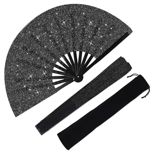 Plzoslly Black Glitter Large Folding Hand Fan for Festivals & Parties