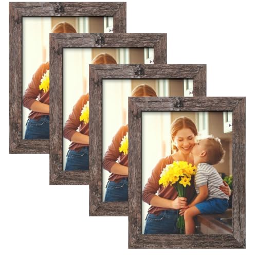 SESEAT 4x6 Picture Frame Set of 4, Rustic Brown Thin Border Gallery Frames