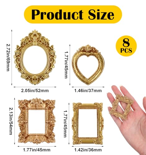 8 Pcs Mini Vintage Gold Picture Frames Set - Oval, Rectangle & Heart Shapes