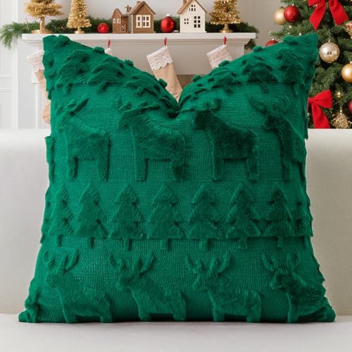 OTOSTAR Christmas Tree and Elk Throw Pillow Cover, Green 18x18 Inch