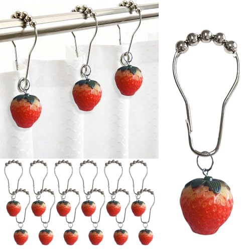 12Pcs Strawberry Shower Curtain Hooks - Cute Fruit Bathroom Decor