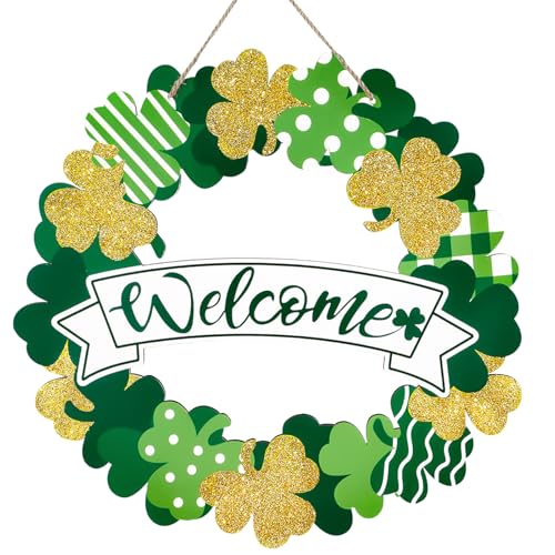 St. Patrick's Day Shamrock Wooden Wreath - Green Clover Welcome Sign