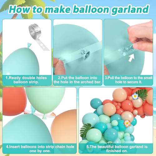 Amandir 165Pcs Tropical Balloon Arch Kit with Palm Leaves - Aqua Blue