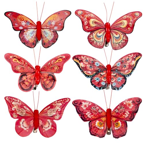 Artificial Feather Butterfly Decorations Set of 12 with Clip - Red Series for Christmas Tree F Clip