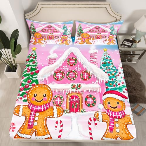 Kids Pink Christmas Sheet Set King Size - Merry Christmas Bedding for Boys & Girls - Variation of Pink White Green