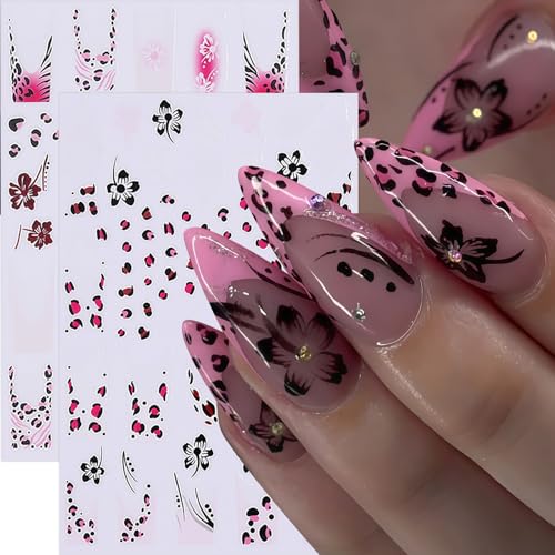 Leopard Print Nail Art Stickers 3D Self-Adhesive French Lines & Hibiscus Flowers