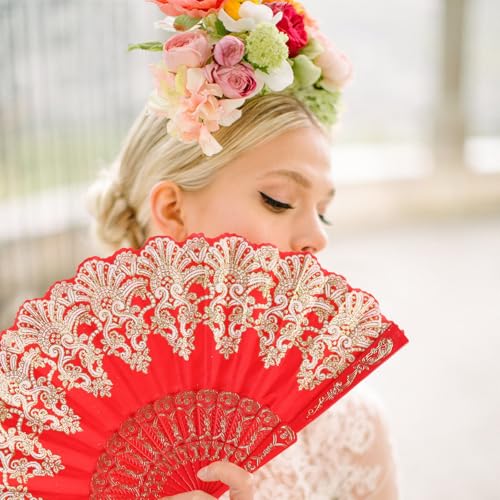 INNOLIFE Red Spanish Retro Folding Hand Fan for Dancing and Weddings