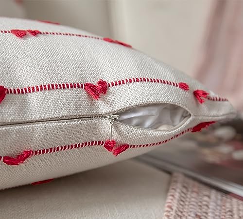 Boho Christmas Throw Pillow Covers 18x18 Inches Set of 2 Beige & Red Farmhouse Decor
