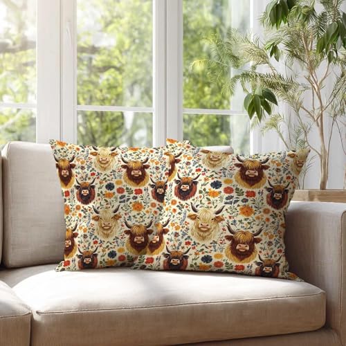 Highland Cow Throw Pillow Covers 18x18 Set of 2 - Floral Farmhouse Decor