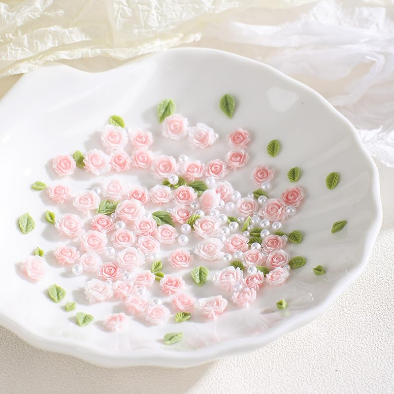 3D Flower Nail Charms with Pearls and Rhinestones - 60Pcs Pink Spring Blossom Acrylic Floral Manicure Decorations