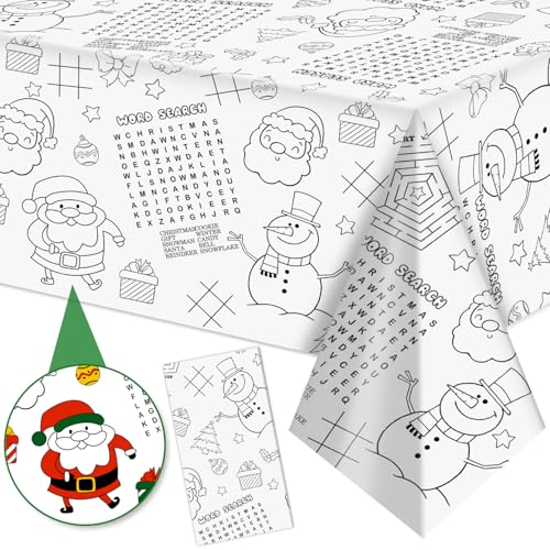 Christmas Coloring Tablecloth for Kids - Santa Snowman Maze Crafts 54x108 Inches - 1 Pack