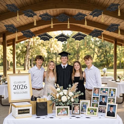 Graduation Cap Banner 2026 with Gold Tassels – Black Glitter Decor