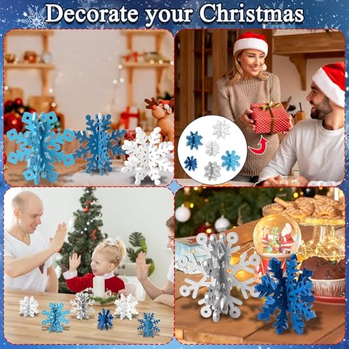 White Silver Blue Wooden Snowflake Decorations Set of 6 - 3D Christmas Table Decor