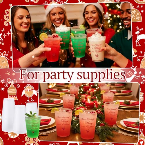 Christmas Cocktail Plastic Cup Set - Frosted Red Party Cups with Funny Frosted Cup Variation