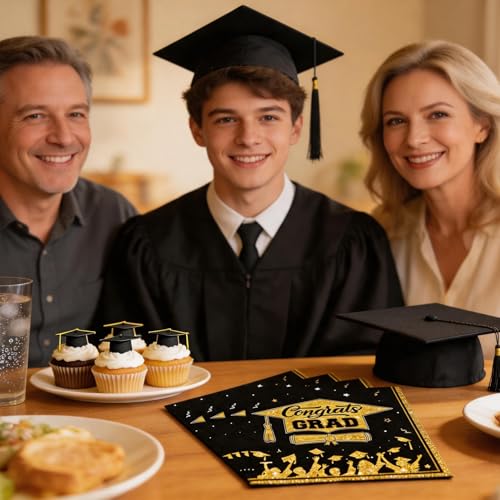Graduation Napkins Class of 2026 - 20 Pcs Black & Gold Disposable