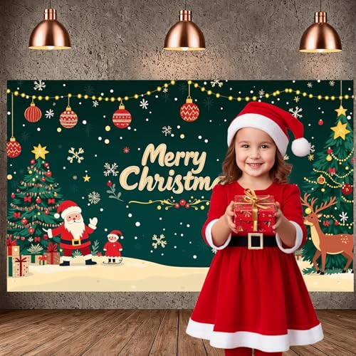 Merry Christmas Banner - Large 70.9x43.3in, Festive Xmas Decor with Santa & Reindeer