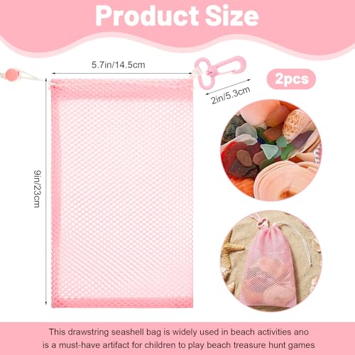 Amabro Pink Mesh Beach Bag - 2 Pcs Foldable Shell Collecting Bags