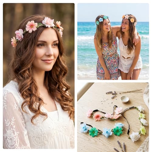 Neyauo 6 Pcs Floral Crown Headband Boho Hair Wreath for Women and Girls