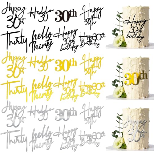 30th Birthday Cake Topper Set - 24 PCS, 8 Styles in Gold, Black & Silver