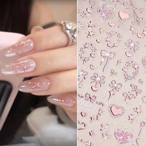 5D Embossed Nail Art Stickers Self-Adhesive Bow Heart Rose Gold Decals