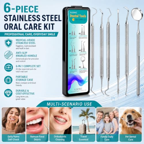 CATACC PRO 6-Piece Stainless Steel Dental Pick & Tartar Remover Kit