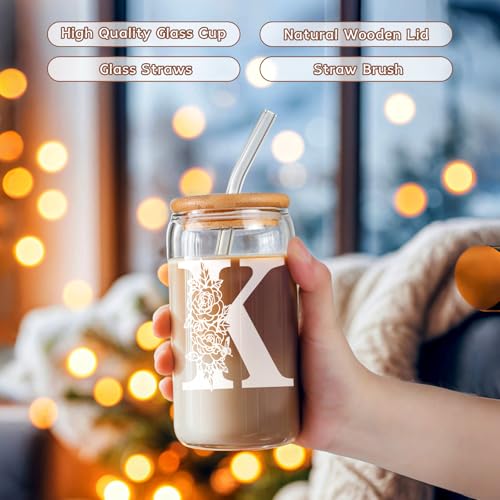 Personalized Initial Glass Cup with Lid & Straw - Ideal Gift for Women