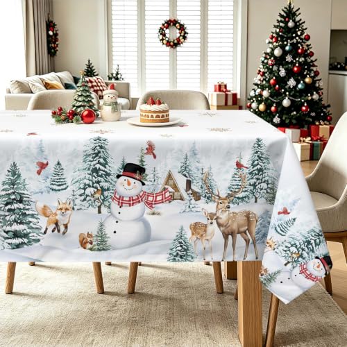 Christmas Snowman Cardinal Deers Tablecloth 60x120 Inch - White, Rectangular