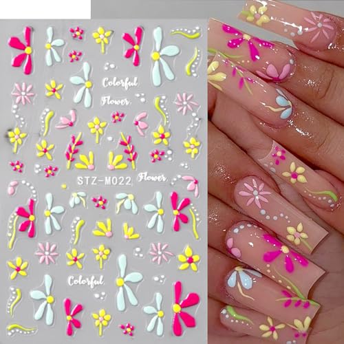 3D Floral Nail Stickers Embossed Cherry Blossom Daisy Decals - 3 Pcs