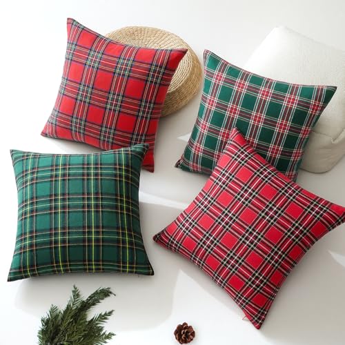 OTOSTAR Christmas Scottish Plaid Throw Pillow Cover, Red and Green, 24x24