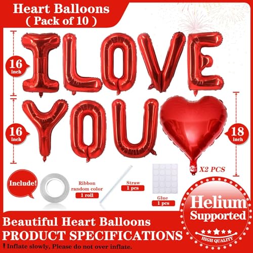 Lovoir 10 Pcs Red 'I LOVE YOU' Heart Balloons - 18 Inch for Valentine's Day