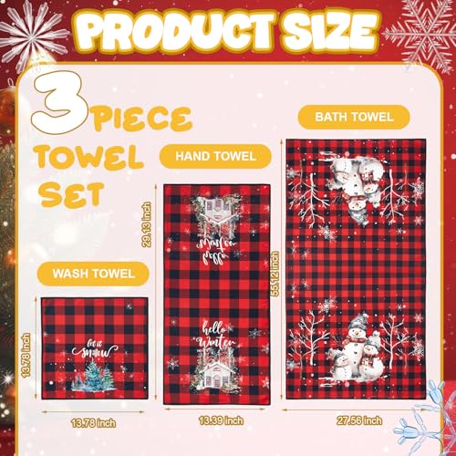 Peryiter 3 Pack Buffalo Winter Decorative Bath Towels Set - Snowman Christmas Design
