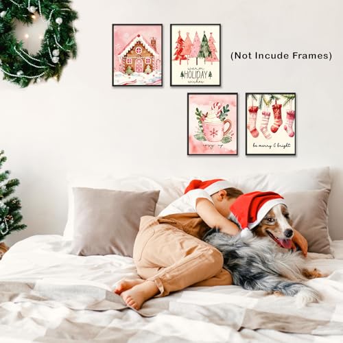 Pink Christmas Tree Gingerbread House Wall Art Prints Set of 4 - Holiday Decor