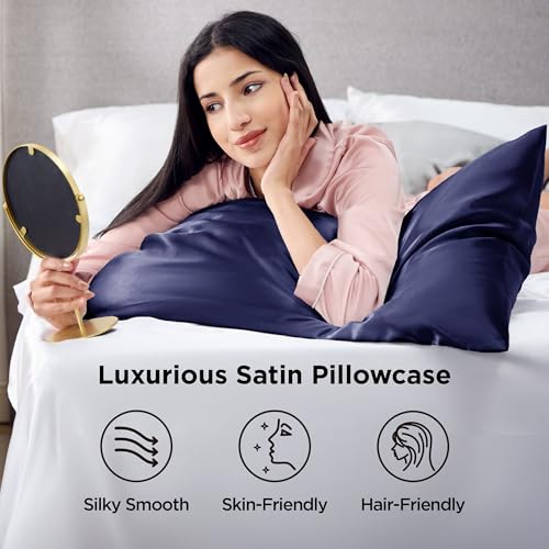 Bedsure Satin Pillowcase Set, Standard 20x26, Navy Blue, 2-Pack