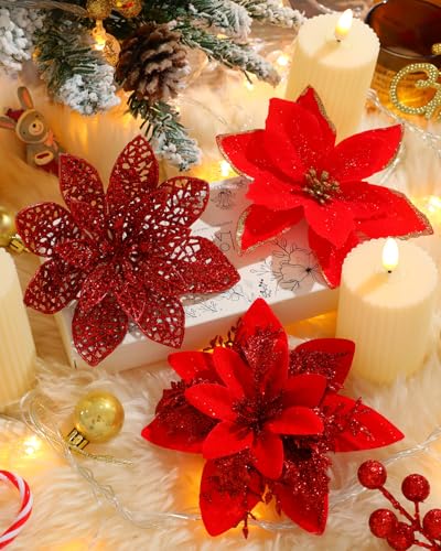Artificial Christmas Poinsettia Flowers Set - 30 Pcs, Red, 3 Styles with Holly Berry Stems and Clips