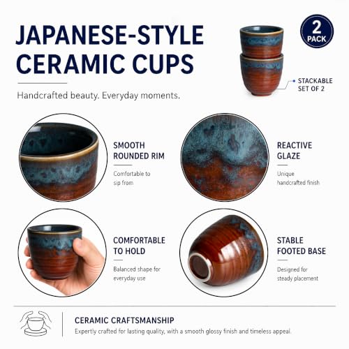 Peacock Tail Ceramic Japanese Tea Cups - Set of 2, 5 oz