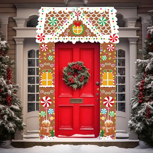Retro Christmas Gingerbread House Door Cover Party Decorations Xmas Banner Outdoor Porch Sign