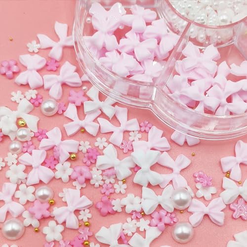 Qdsuh 3D Flower and Bow Nail Charms with Acrylic Gems and Pearls