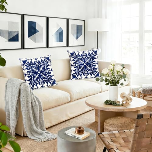 Boho Farmhouse Throw Pillow Covers Set of 2 - 18x18 Inch Blue Floral