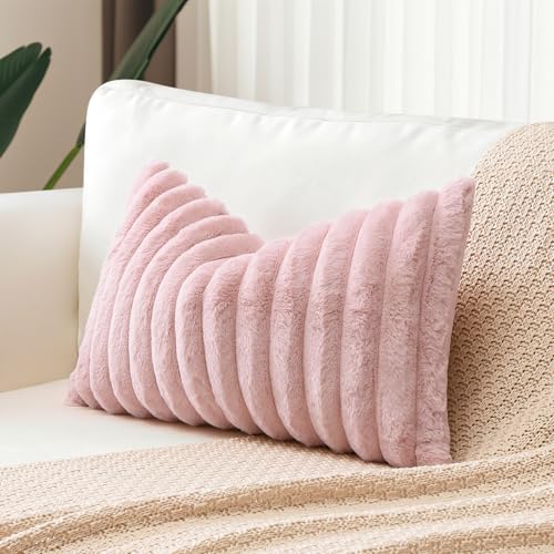 Faux Rabbit Fur Blush Pink Throw Pillow Cover 12x20 Inch
