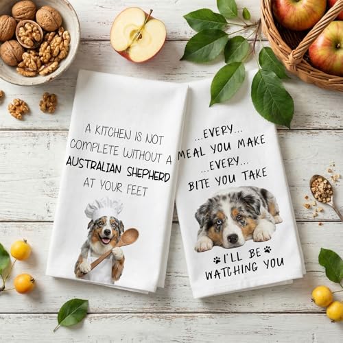 Adorable Australian Shepherd Kitchen Towels - Set of 2 Cotton Dish Towels
