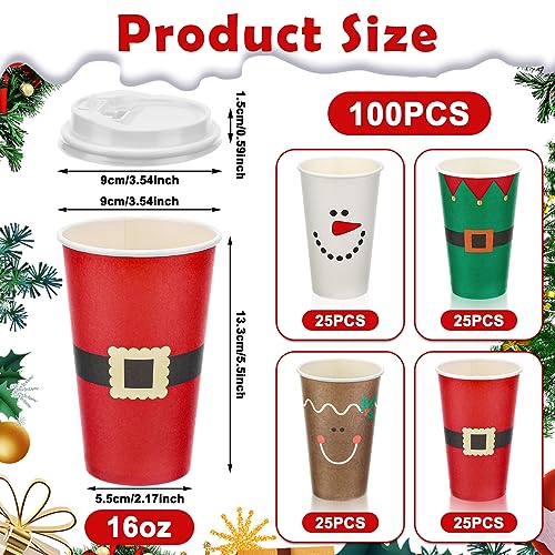 Santa Claus Christmas Coffee Cups 16 oz - 100 Disposable Paper Cups with Lids