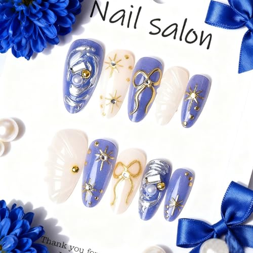 24Pcs Gold Star Press on Nails Medium Almond Fake Nails with Bow