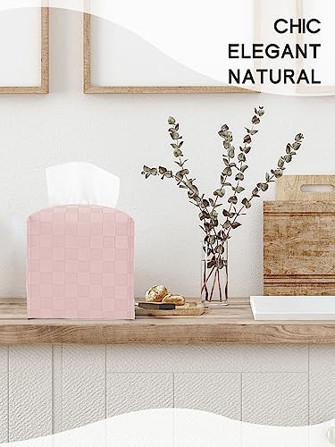 TOGETRUE Square Tissue Box Cover - Chessboard PU Leather Holder, Pink