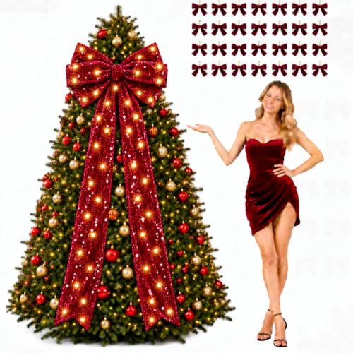 Large Burgundy Velvet Christmas Tree Topper with LED Lights - 1.97ft
