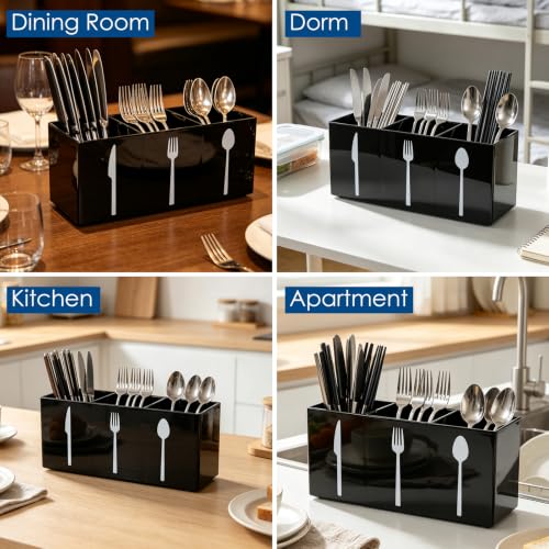 Saiveina 3-Compartment Silverware Organizer - Space-Saving Cutlery Caddy for Kitchen Utensils (Black)