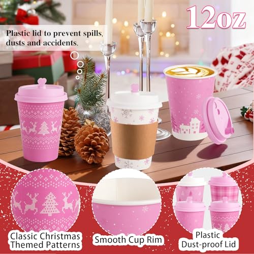 Pink Christmas Coffee Cups with Lids & Sleeves - 16 Oz Disposable Holiday Party Set