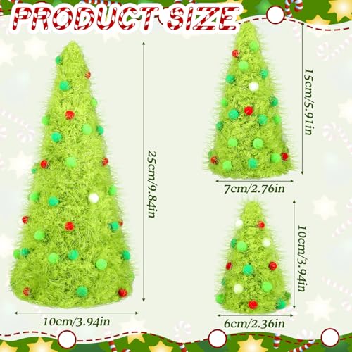 Furry Christmas Tree Decorations Set - Green, Multiple Sizes, 3 Pcs