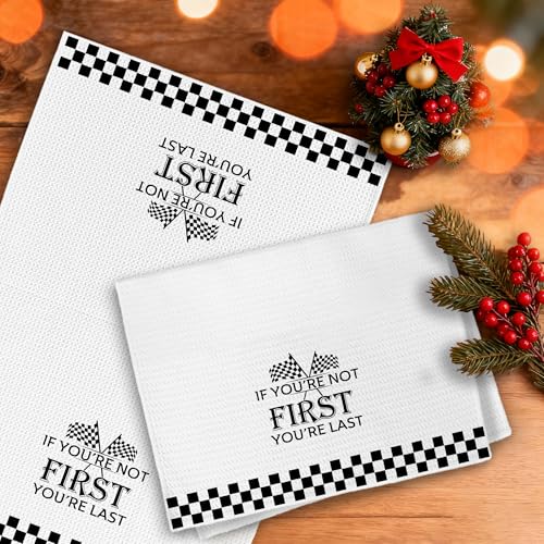 Race Car Kitchen Towels - Motivational Black & White Checkered Design, 16x24 Inch