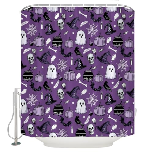 Purple Halloween Shower Curtain 70" x 70" with Ghosts & Skulls
